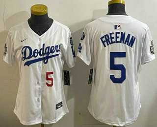 Womens Los Angeles Dodgers #5 Freddie Freeman Number White 2024 World Series With Fernando 34 Patch Limited Stitched Jersey